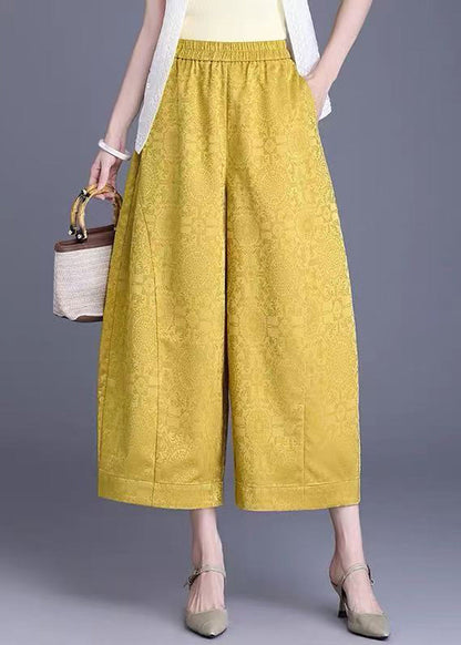 Chinese Style Yellow Jacquard Pockets High Waist Wide Leg Crop Pants Summer