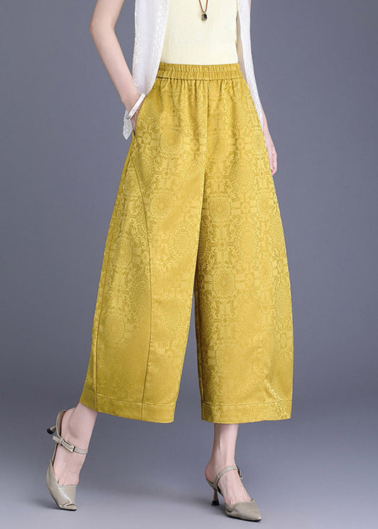 Chinese Style Yellow Jacquard Pockets High Waist Wide Leg Crop Pants Summer