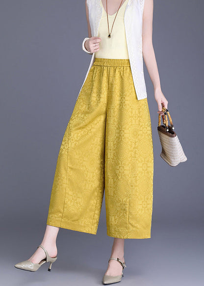 Chinese Style Yellow Jacquard Pockets High Waist Wide Leg Crop Pants Summer