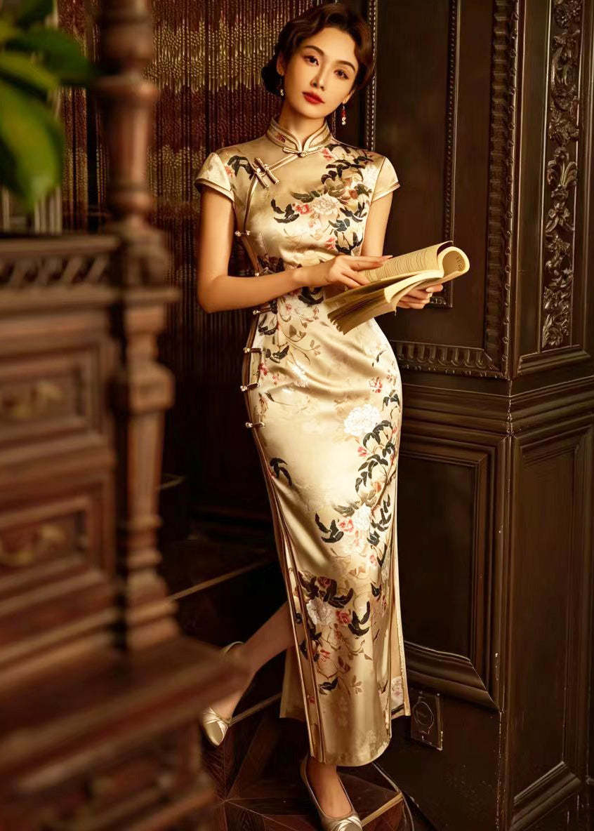 Chinese Style Yellow Jacquard Stand Collar Frog Buttons Dresses Summer