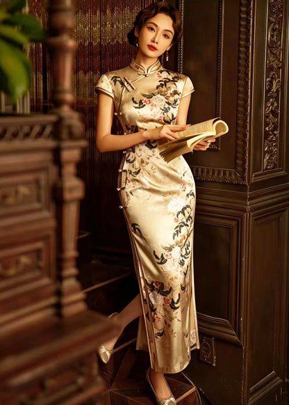 Chinese Style Yellow Jacquard Stand Collar Frog Buttons Dresses Summer