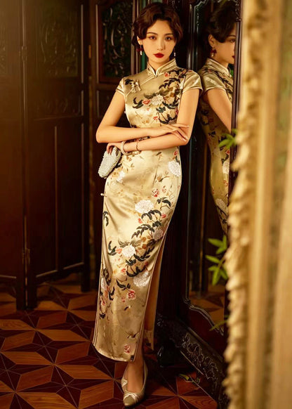 Chinese Style Yellow Jacquard Stand Collar Frog Buttons Dresses Summer