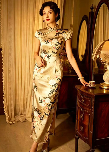 Chinese Style Yellow Jacquard Stand Collar Frog Buttons Dresses Summer