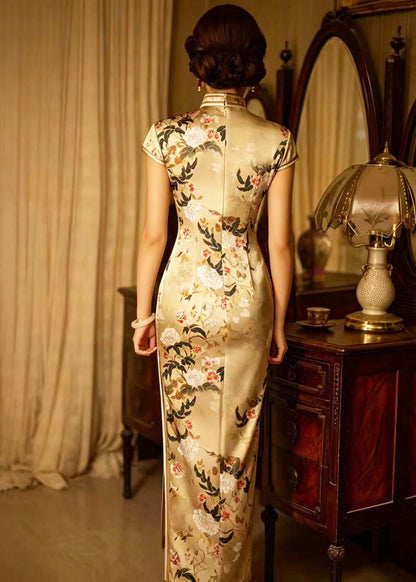 Chinese Style Yellow Jacquard Stand Collar Frog Buttons Dresses Summer