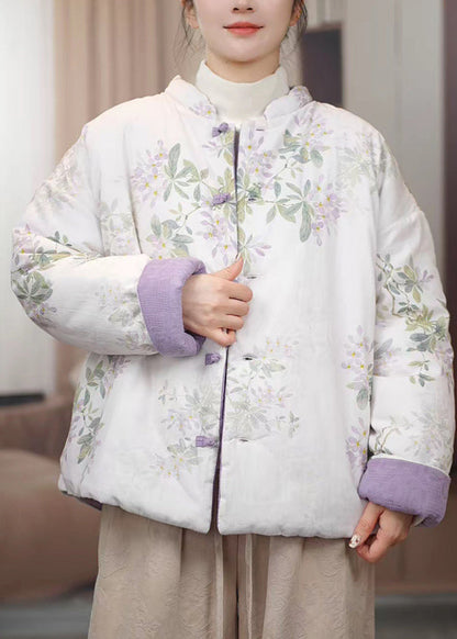 Chinese Style Yellow Stand Collar Button Print Cotton Filled Parkas Winter
