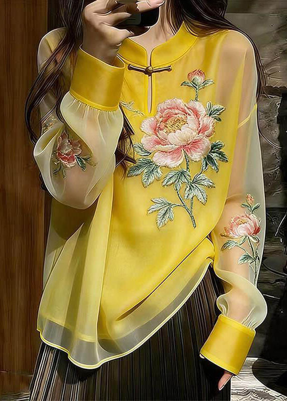 Chinese Style Yellow Stand Collar Button Silk Top Fall