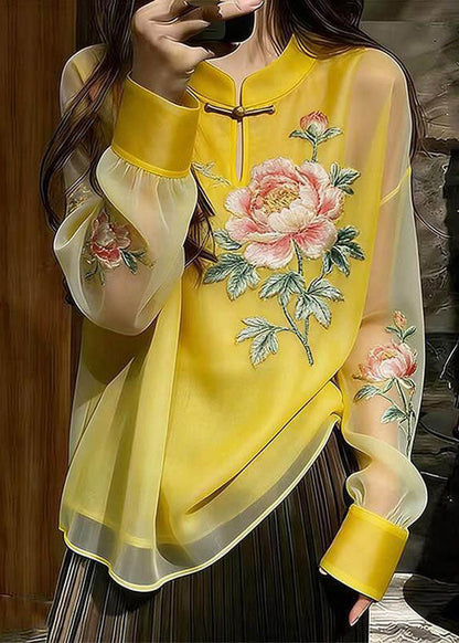 Chinese Style Yellow Stand Collar Button Silk Top Fall