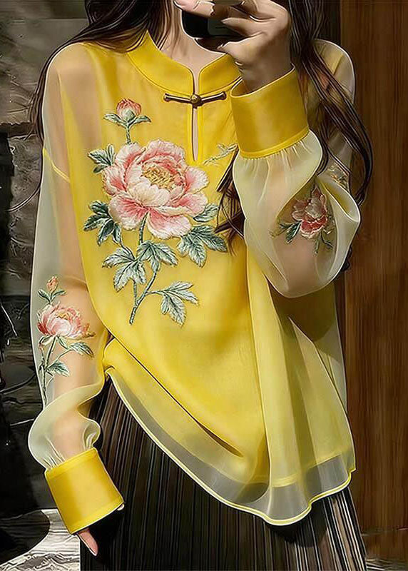 Chinese Style Yellow Stand Collar Button Silk Top Fall