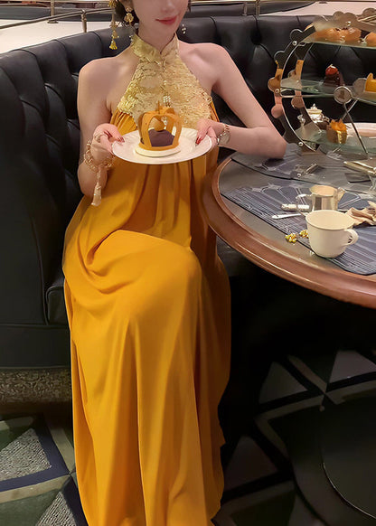 Chinese Style Yellow Stand Collar Patchwork Long Dress Summer