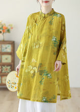 Load image into Gallery viewer, Chinese Style Yellow Stand Collar Print Button Linen Shirts Long Sleeve