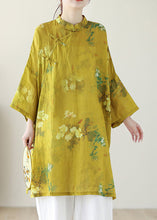 Load image into Gallery viewer, Chinese Style Yellow Stand Collar Print Button Linen Shirts Long Sleeve