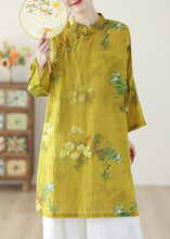 Load image into Gallery viewer, Chinese Style Yellow Stand Collar Print Button Linen Shirts Long Sleeve