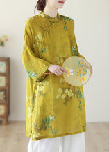 Load image into Gallery viewer, Chinese Style Yellow Stand Collar Print Button Linen Shirts Long Sleeve
