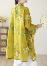 Load image into Gallery viewer, Chinese Style Yellow Stand Collar Print Button Linen Shirts Long Sleeve