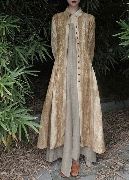 Chinese Style Yellow Stand Collar Tie Dye Maxi Coats Fall