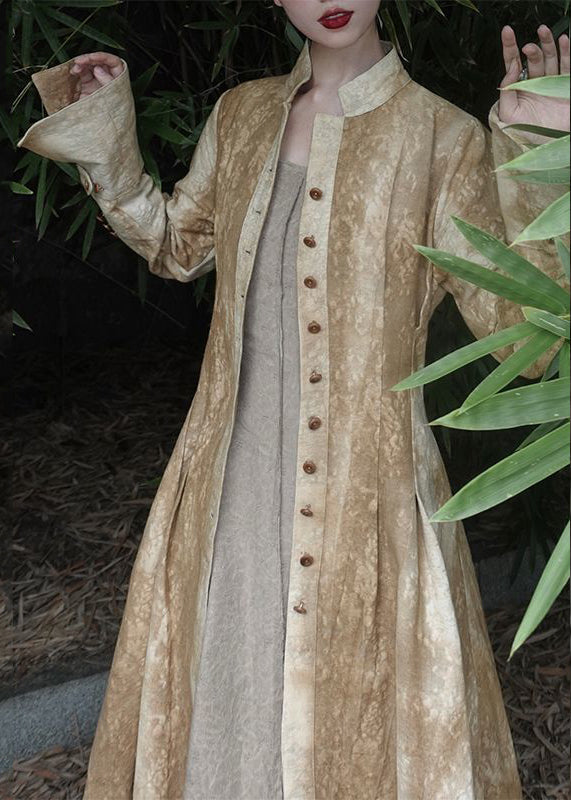 Chinese Style Yellow Stand Collar Tie Dye Maxi Coats Fall