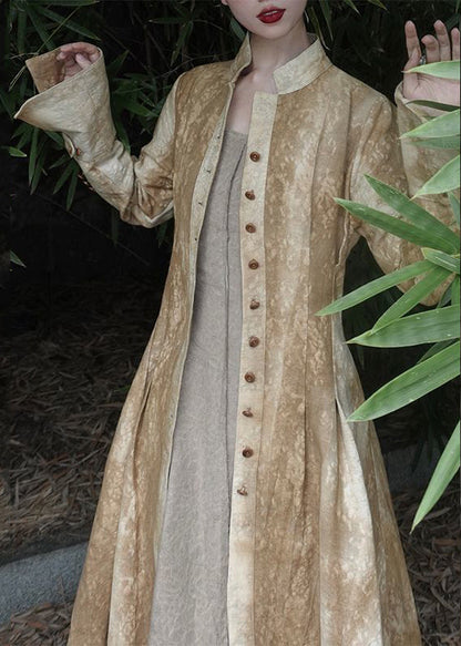 Chinese Style Yellow Stand Collar Tie Dye Maxi Coats Fall