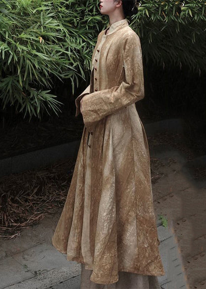 Chinese Style Yellow Stand Collar Tie Dye Maxi Coats Fall