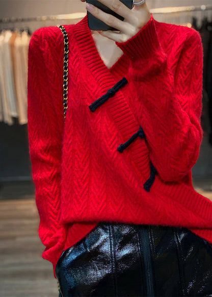 Chinese Style Yellow V Neck Oriental Button Wool Sweater Spring