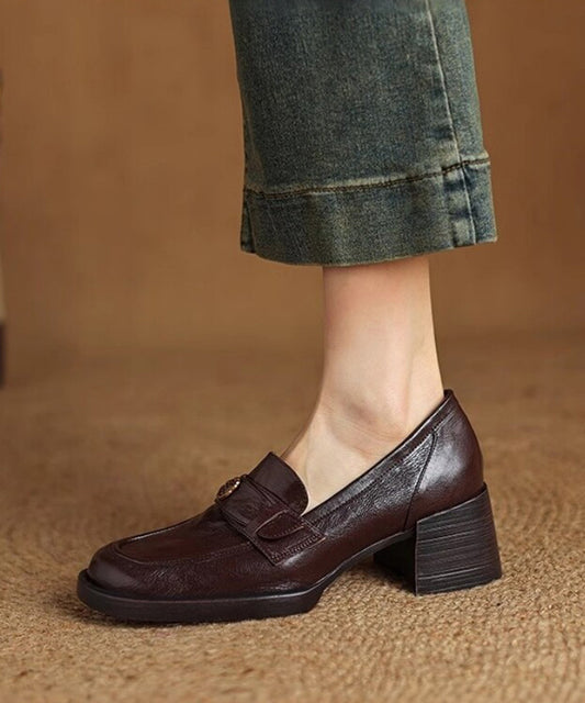 Chocolate Cowhide Leather Splicing Chunky Loafer Shoes