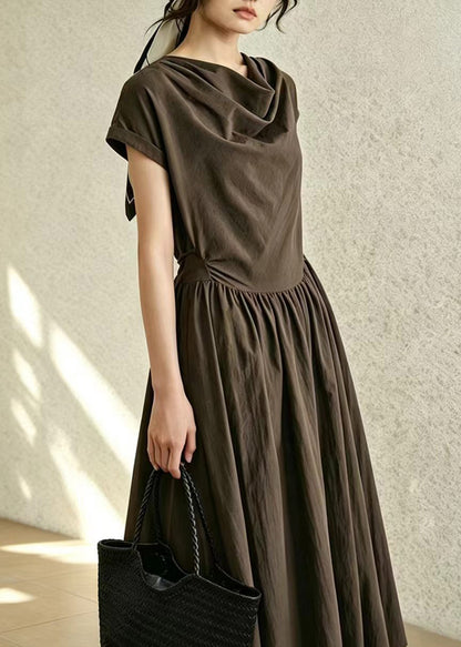 Chocolate Cowl Neck Wrinkled Cotton Dress Short Sleeve