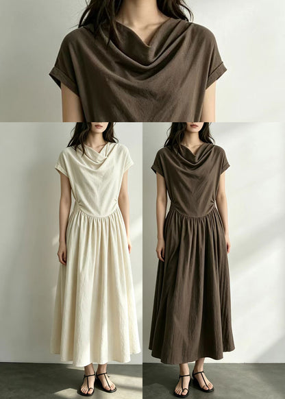 Chocolate Cowl Neck Wrinkled Cotton Dress Short Sleeve
