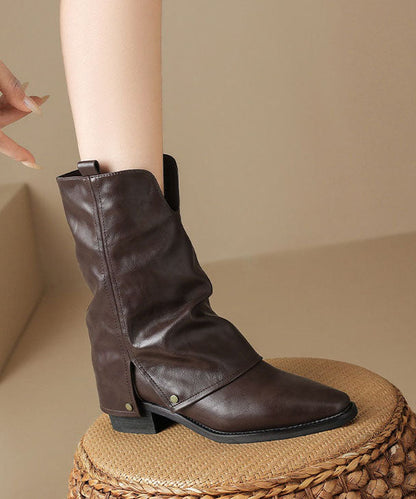 Chocolate Faux Leather Boots Pointed Toe Boots