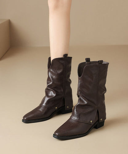 Chocolate Faux Leather Boots Pointed Toe Boots