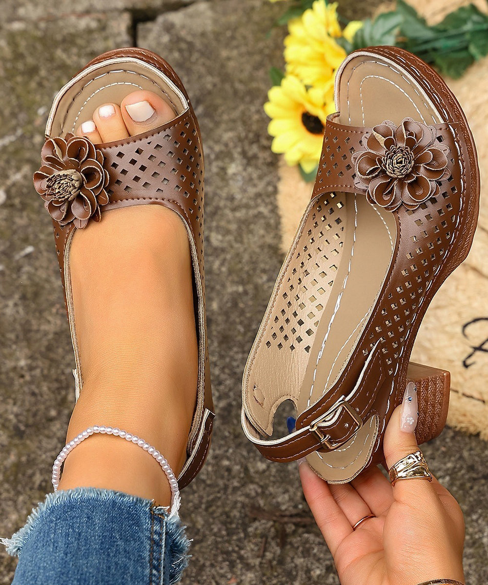Chocolate Faux Leather Hollow Out Splicing Women Chunky Heel