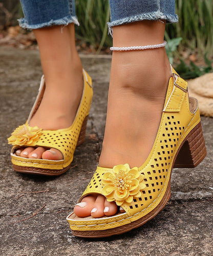 Chocolate Faux Leather Hollow Out Splicing Women Chunky Heel
