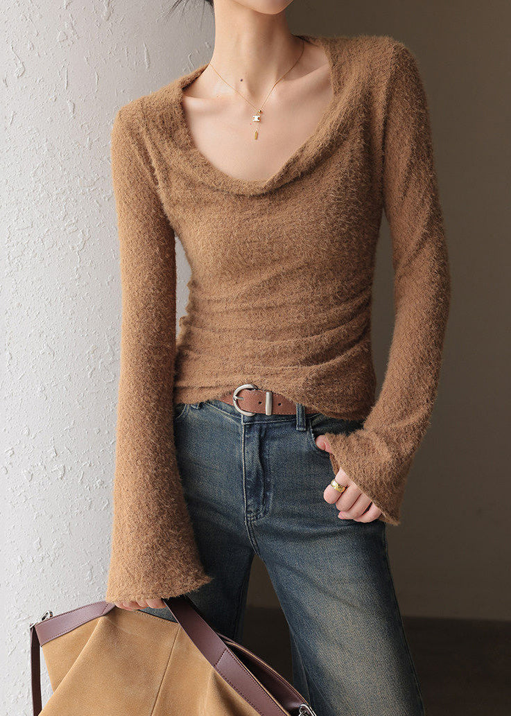 Chocolate Flare Sleeve Patchwork Solid Top