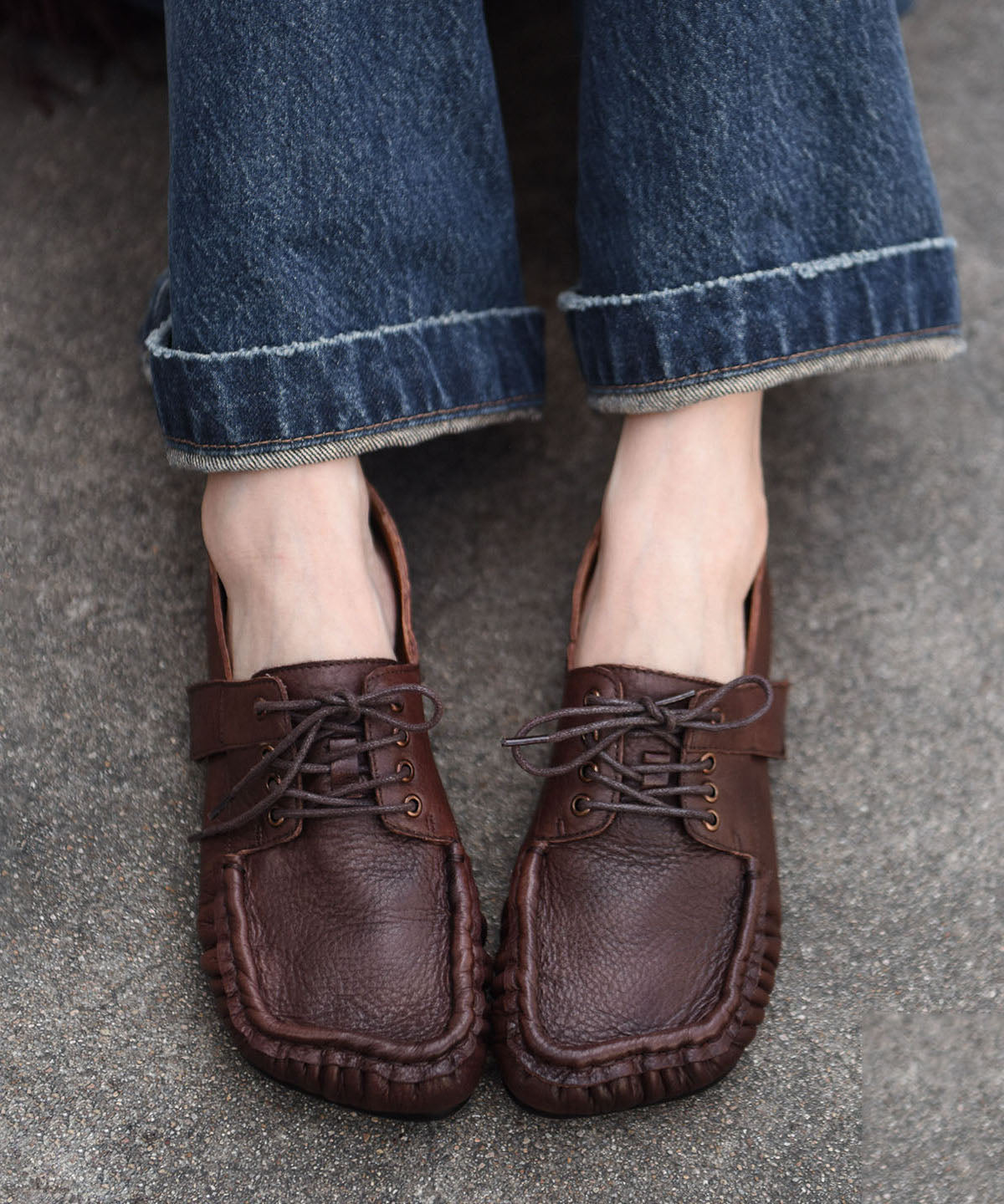 Chocolate Flat Shoes Cowhide Leather Handmade Lace Up Flat Feet Shoes
