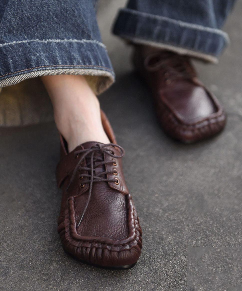 Chocolate Flat Shoes Cowhide Leather Handmade Lace Up Flat Feet Shoes