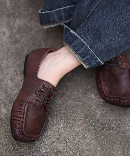 Chocolate Flat Shoes Cowhide Leather Handmade Lace Up Flat Feet Shoes