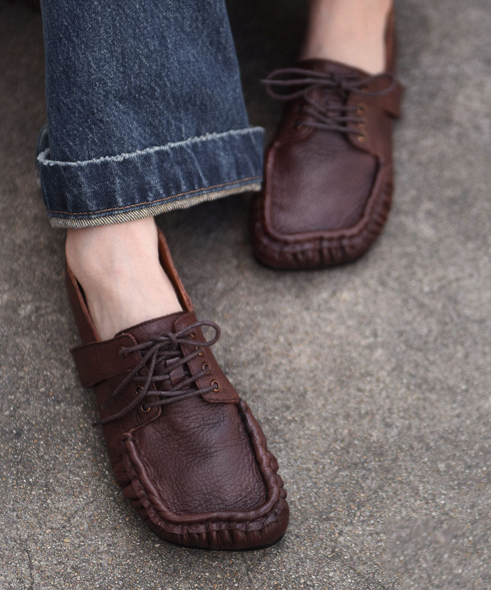 Chocolate Flat Shoes Cowhide Leather Handmade Lace Up Flat Feet Shoes