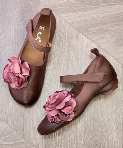 Chocolate Flat Shoes For Women Fine Flower Buckle Strap Flats
