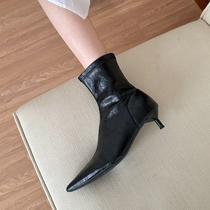 Chocolate High Heel Faux Leather Women Splicing Boots Pointed Toe