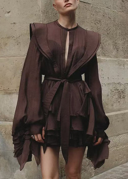 Chocolate Lace Up Solid Cotton Shirt Dress Fall