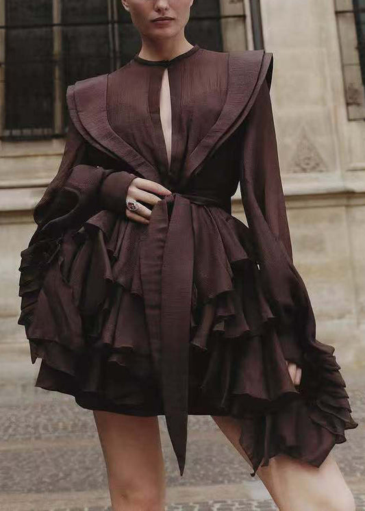 Chocolate Lace Up Solid Cotton Shirt Dress Fall