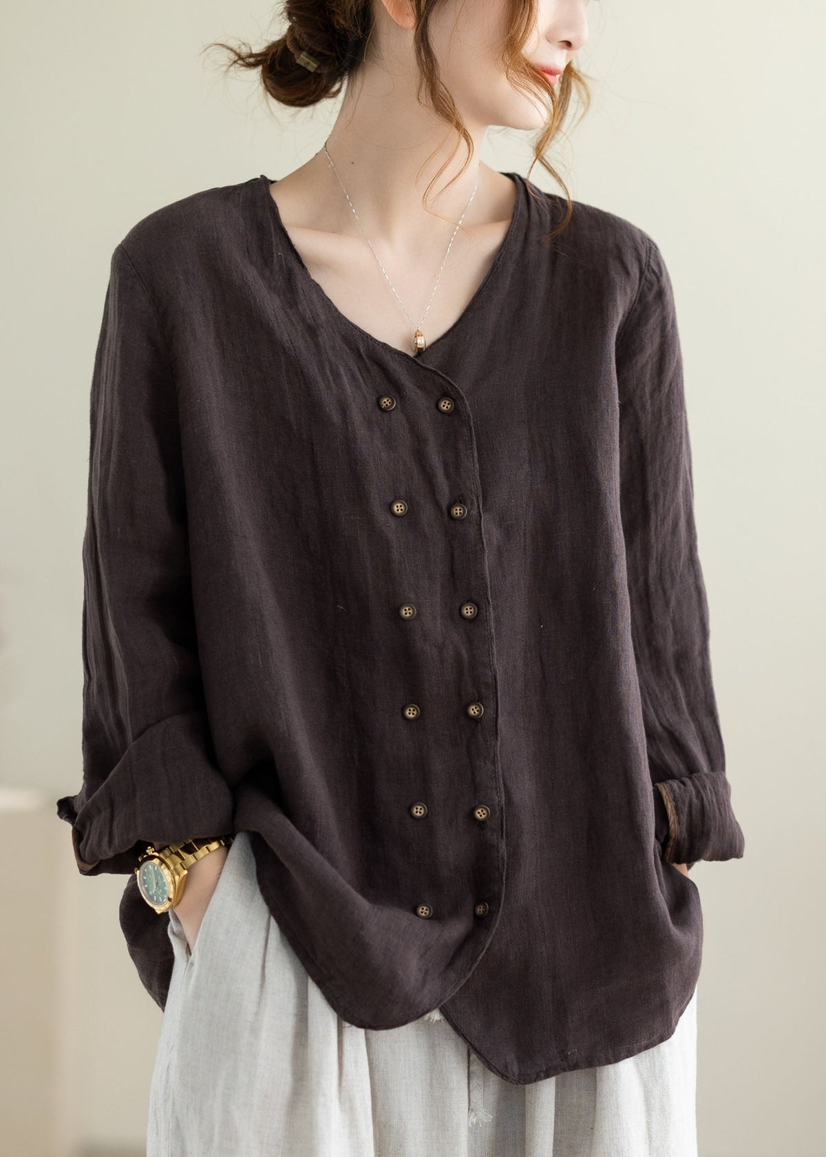Chocolate Linen Tops Oversized Double Breast Fall