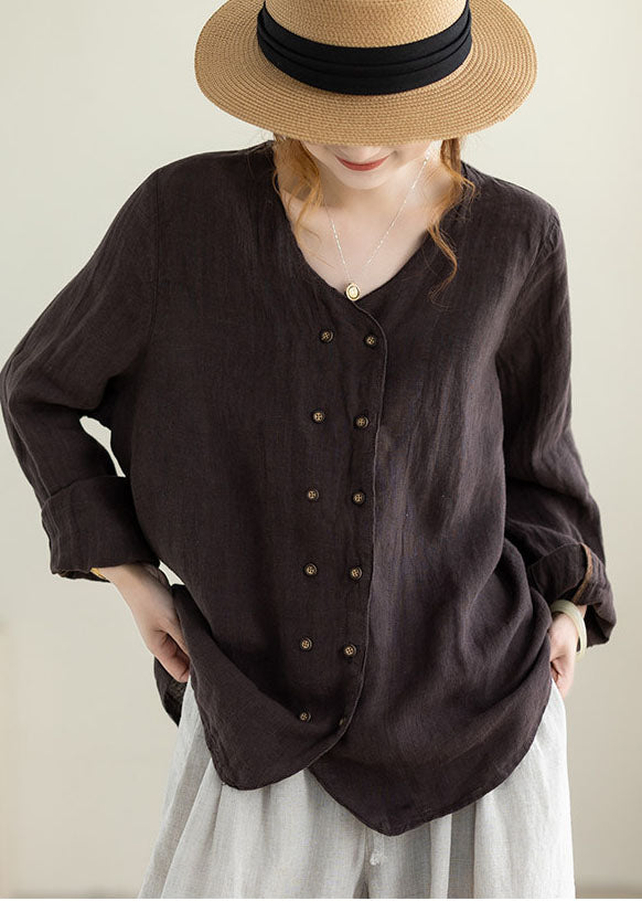 Chocolate Linen Tops Oversized Double Breast Fall