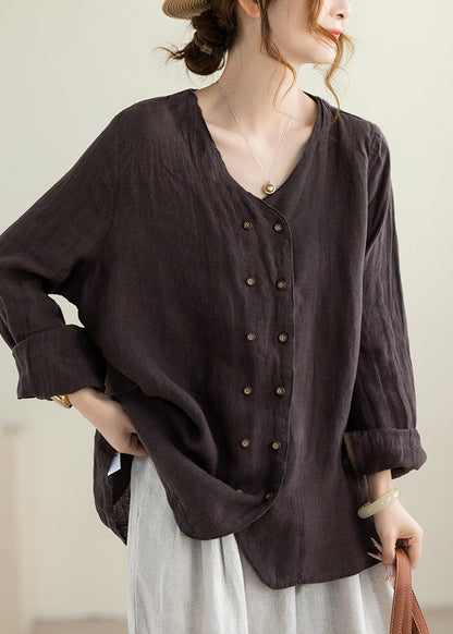 Chocolate Linen Tops Oversized Double Breast Fall