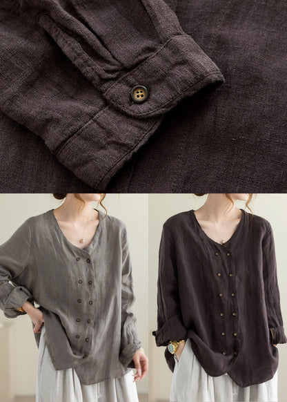 Chocolate Linen Tops Oversized Double Breast Fall