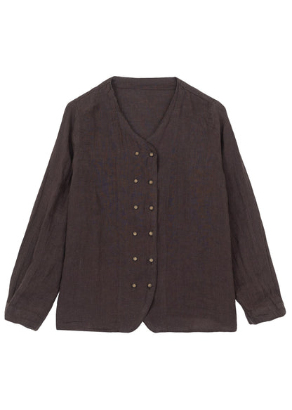 Chocolate Linen Tops Oversized Double Breast Fall