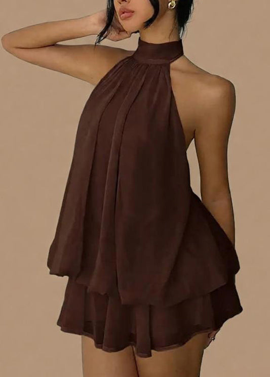 Chocolate Turtleneck Patchwork Chiffon Mid Dress Summer