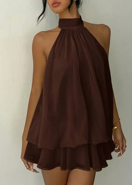 Chocolate Turtleneck Patchwork Chiffon Mid Dress Summer