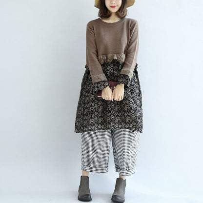 Chocolate vintage floral patchwork sweater dresses knit pullover shift dress