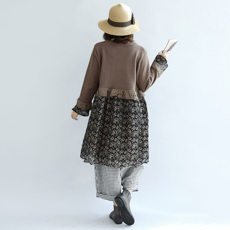 Chocolate vintage floral patchwork sweater dresses knit pullover shift dress