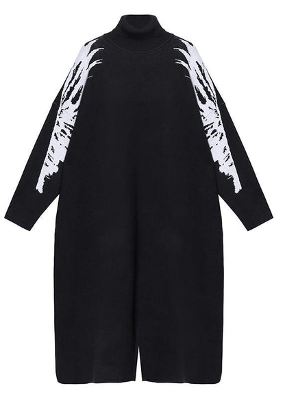Christmas black Weaving flowers Sweater plus size high neck daily knit dress - SooLinen