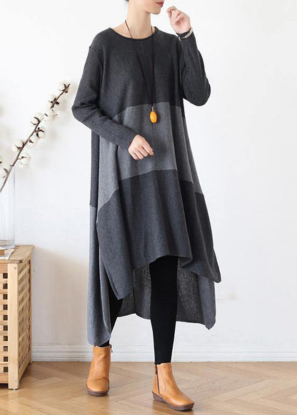 Christmas gray Sweater outfits Street Style o neck patchwork Largo fall knit dresses - SooLinen